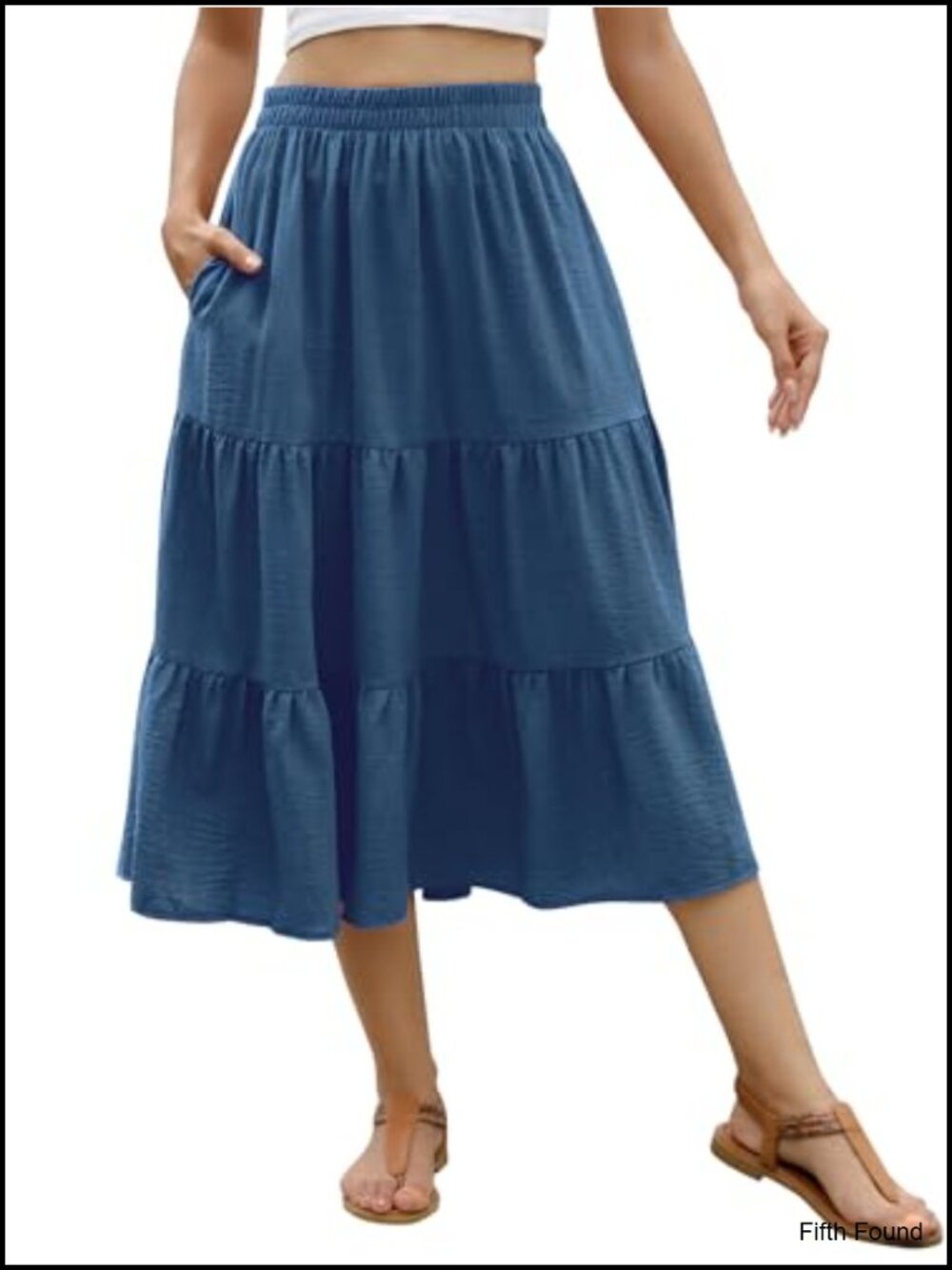 Floral Midi Skirt Elastic High Waist Tiered Ruffle A-Line Pockets Summer